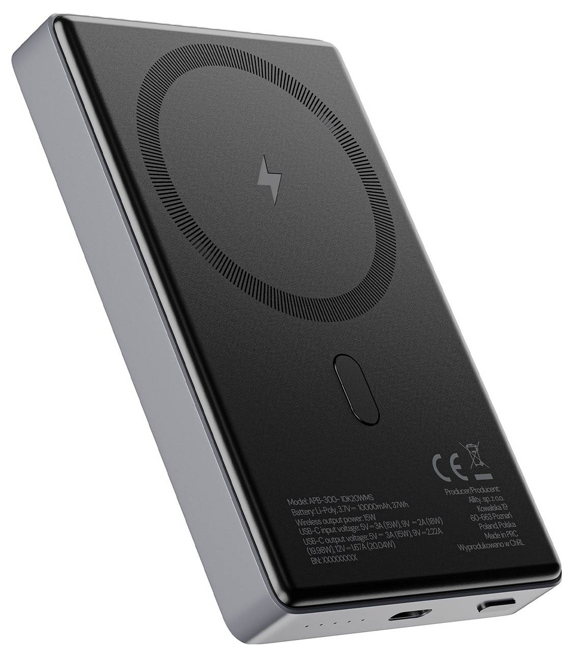 Black wireless charging power bank shown at an angle, with circular charging pad, LED indicator, and USB ports on the bottom.