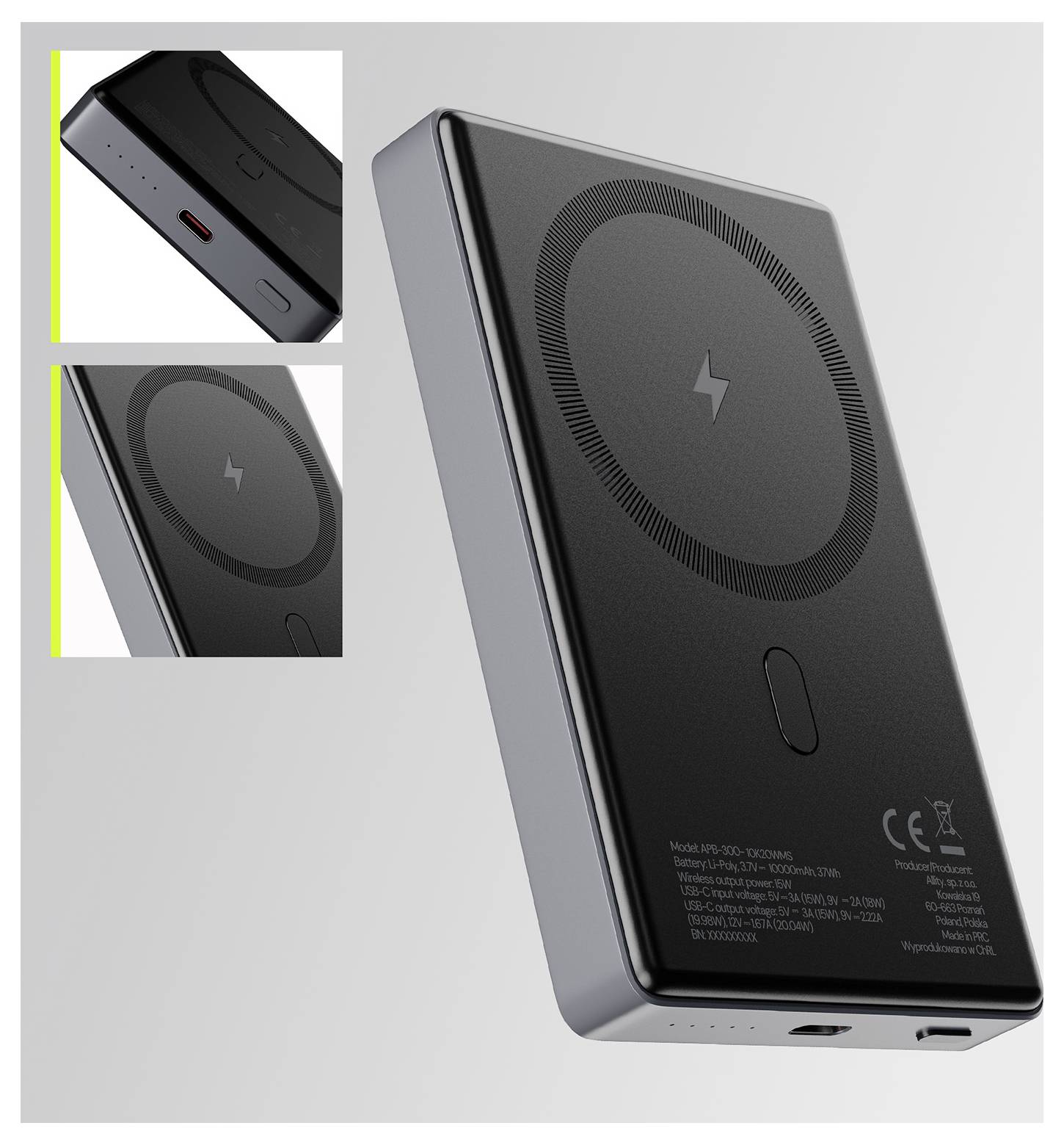 Black portable power bank shown at an angle, with inset close-ups of the USB-C port and wireless charging pad icon.
