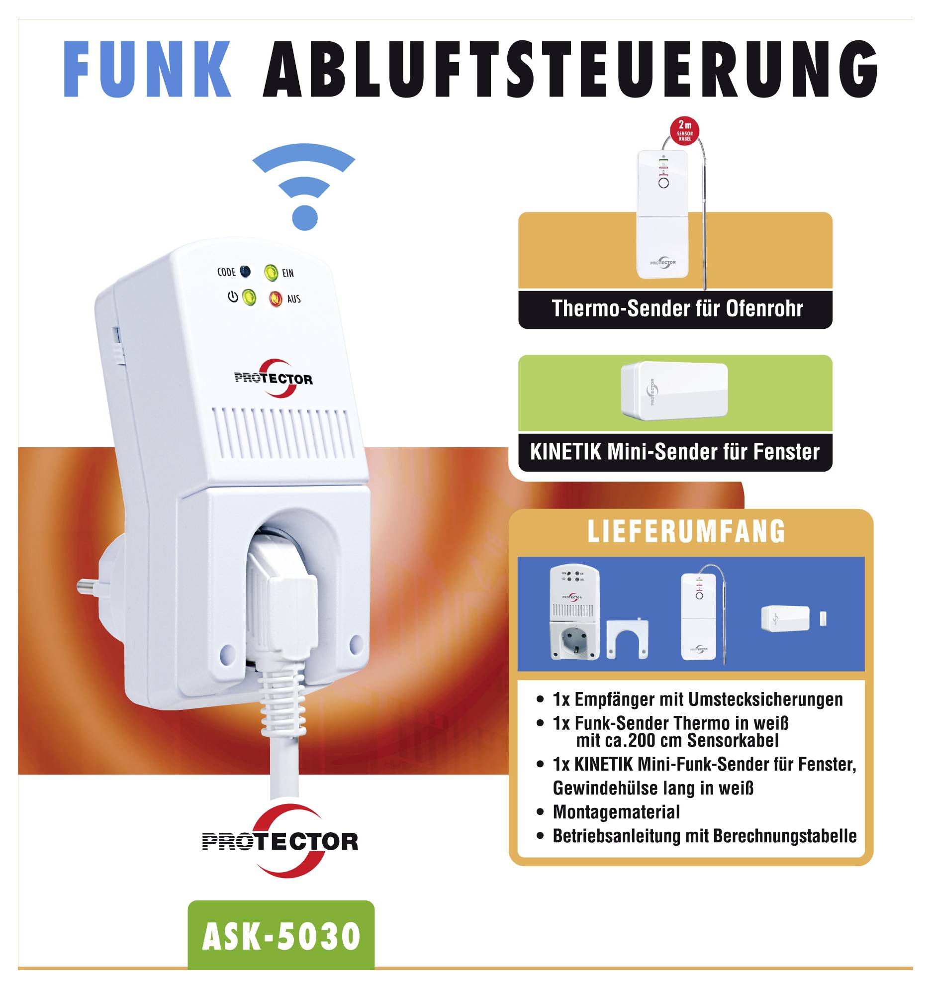 Product poster for 'FUNK ABLUFSTEUERUNG' showing a Protector ASK-5030 wireless control unit and included transmitters for oven pipe and window, with delivery contents listed.