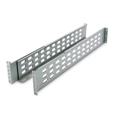 Pair of metal equipment rack rails with slotted mounting holes, shown on a white background.