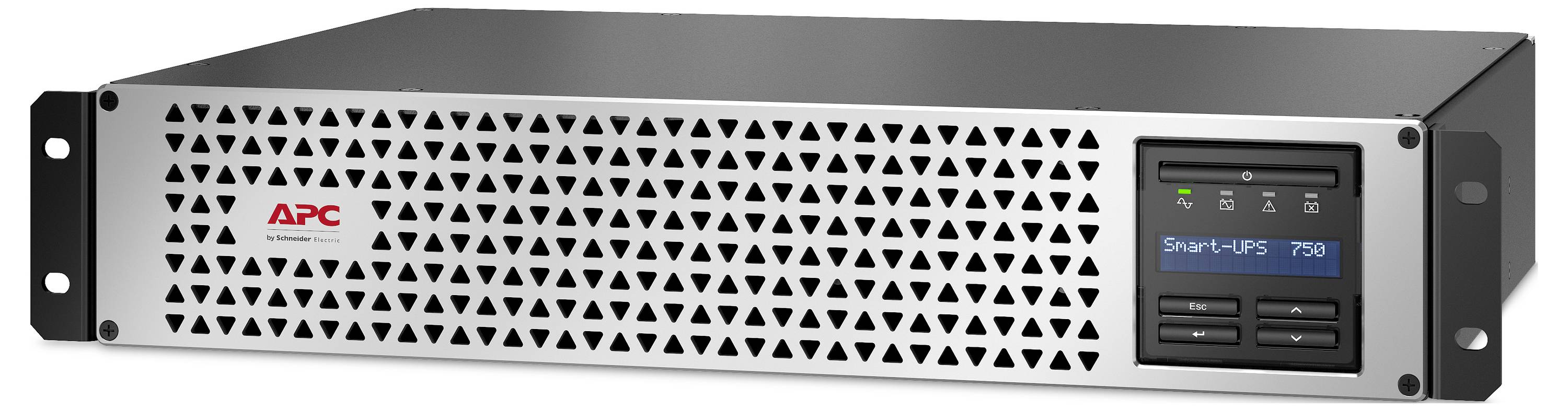 Front view of an APC Smart-UPS 750 rackmount uninterruptible power supply with perforated metal faceplate and LCD status display.