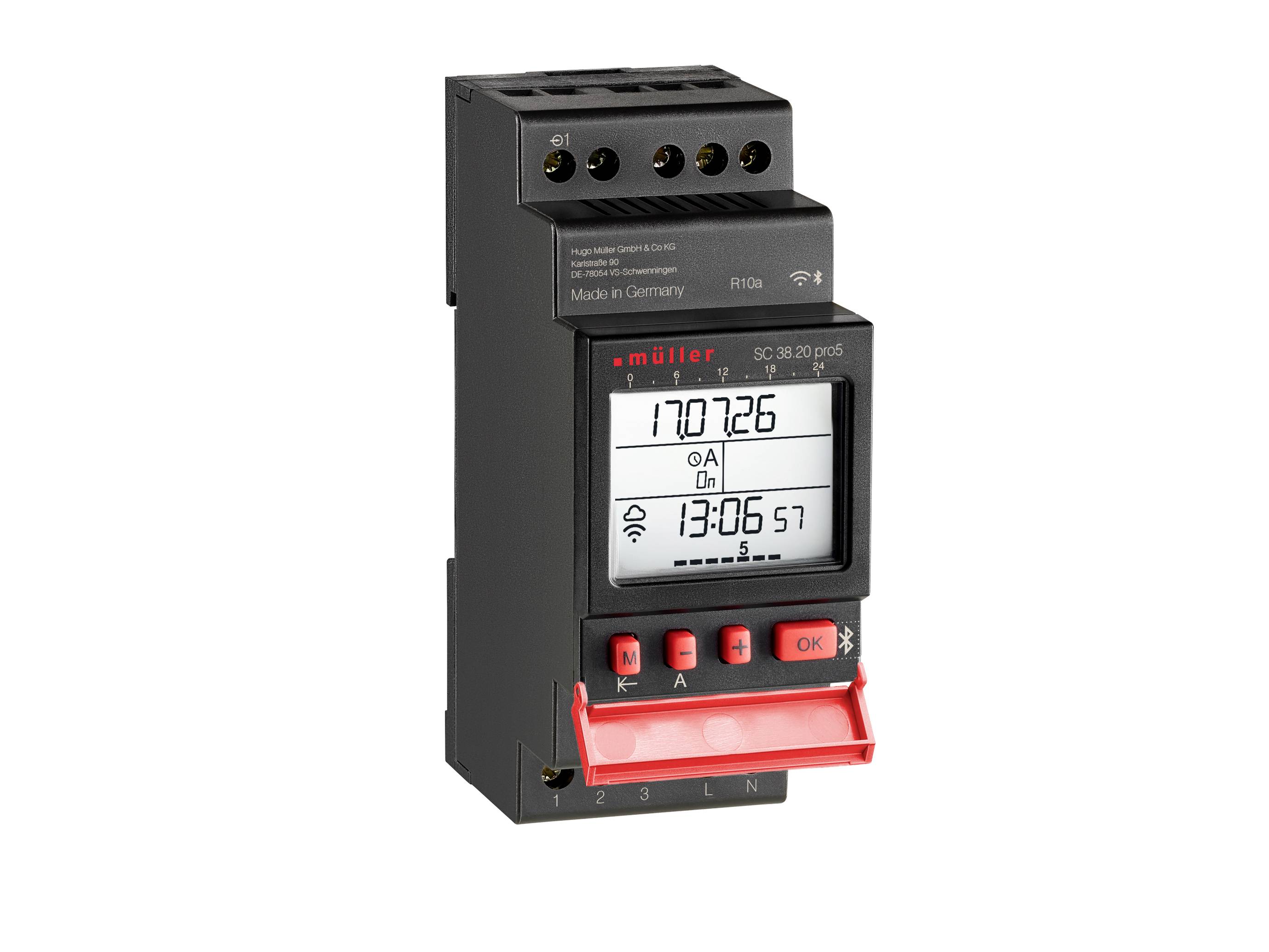 Digital electricity meter with LCD display showing 1707.26, 0 A, and 13:06:57, with red control buttons and terminal connections.