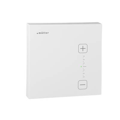 White Müller wall-mounted control panel with plus and minus buttons and a vertical indicator scale between them.