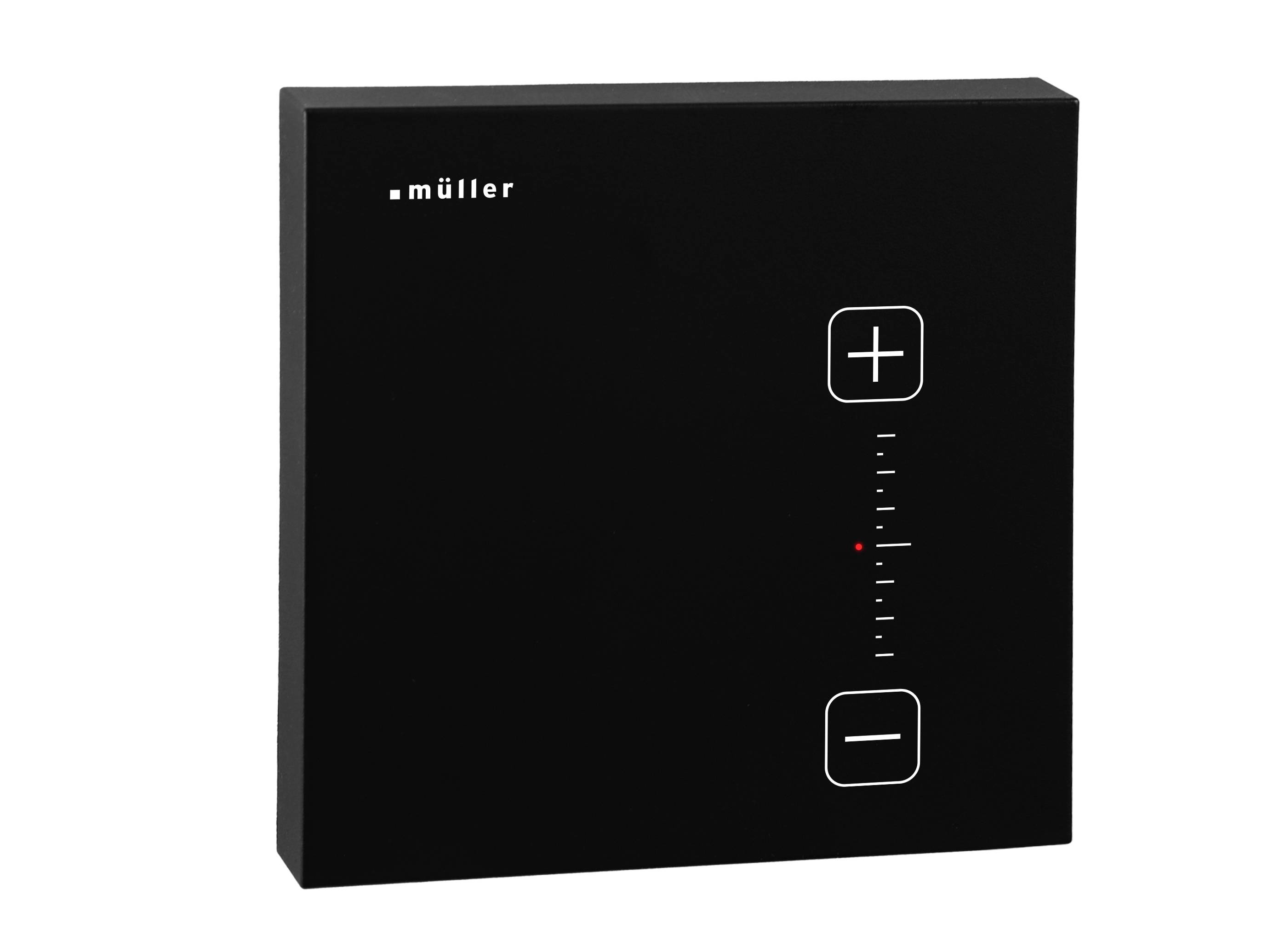 Black wall control panel by Müller with plus and minus buttons and a vertical indicator scale.