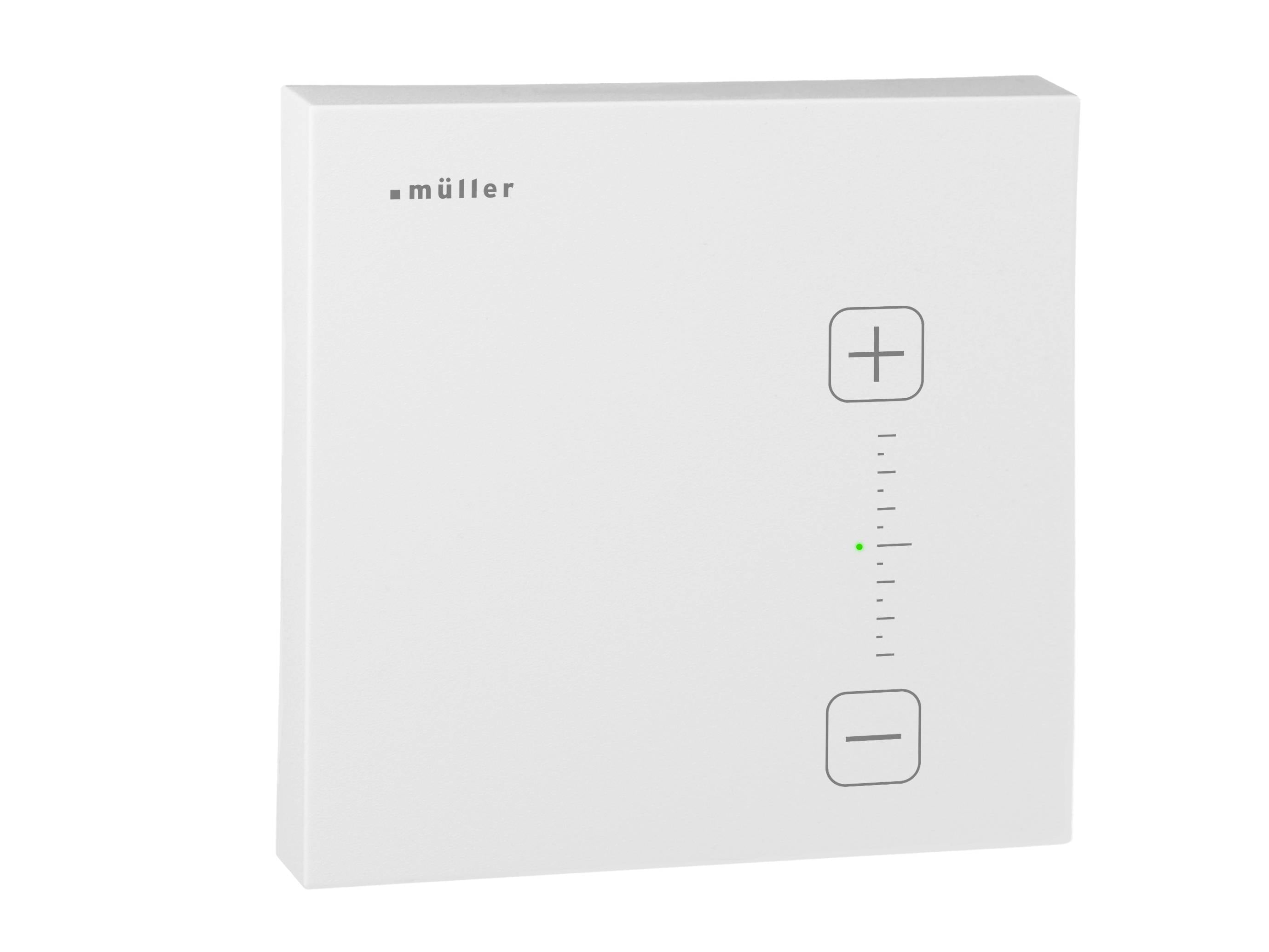 White wall-mounted Müller control panel with plus and minus buttons and a vertical indicator scale.<br>