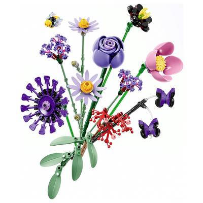 Lego-style bouquet of colorful flowers and butterflies on green stems, arranged like a decorative bouquet against a white background.