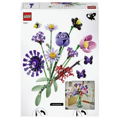 LEGO Icons set 11507 box showing a bouquet of colorful buildable flowers, with a small inset photo of the assembled arrangement in a vase.
