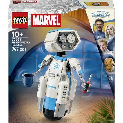 LEGO Marvel The Fantastic Four H.E.R.B.I.E. set box art, showing the white-and-blue robot minifigure, age 10+, 747 pieces, set 76339.