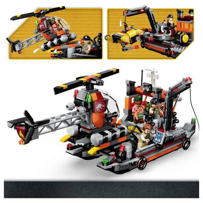 LEGO-style rescue helicopter and dock boat set with minifigures, showing a black-and-orange helicopter, crane arm, and vehicle platform.<br>