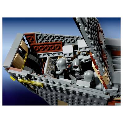 LEGO-style spaceship cockpit with two gray-helmeted figures inside an open hatch, viewed from outside in space.<br>