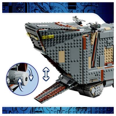 LEGO spaceship/vehicle shown in side view with a ramp extending out, plus an inset icon showing a rotating control knob with up/down arrows.<br>