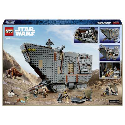 LEGO Star Wars set box art showing a large gray armored transport on a desert planet with minifigures and inset build scenes.