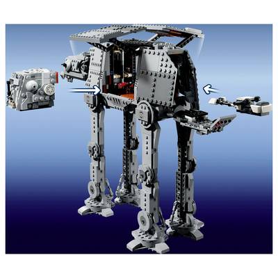 LEGO-style mechanical walker robot with four legs, shown open to reveal internal components, with a detached motor module and arrows indicating assembly or attachment points.