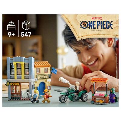 Child playing with a One Piece-themed LEGO set, showing a building, motorcycle, market stall, and figures; labeled 9+ and 547 pieces.