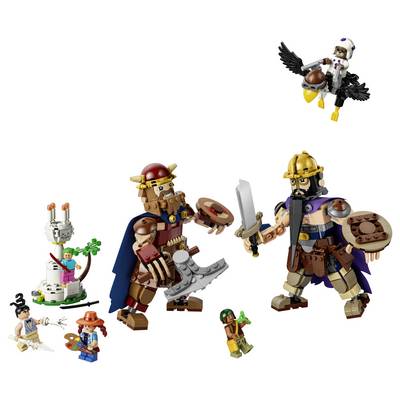 LEGO-style fantasy scene with two armored warriors, a flying rider, and several tiny minifigures on a white background.