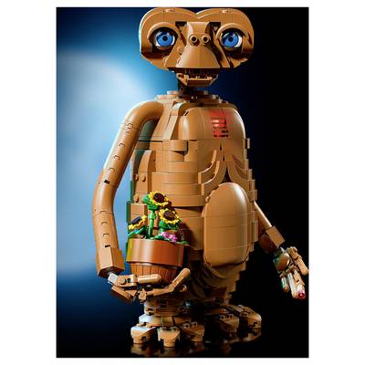 LEGO-style E.T. robot figure holding a potted plant, standing against a blue-to-black gradient background.