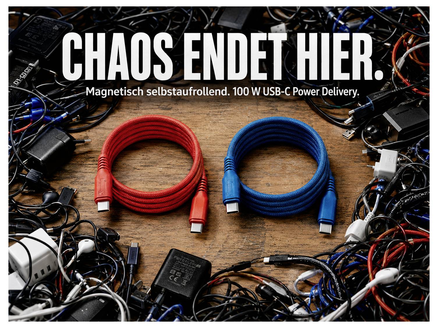 Promotional image of two coiled USB-C cables, one red and one blue, centered on a messy pile of tangled cords with text 'CHAOS ENDET HIER. Magnetisch selbstaufrollend. 100 W USB-C Power Delivery.'<br>