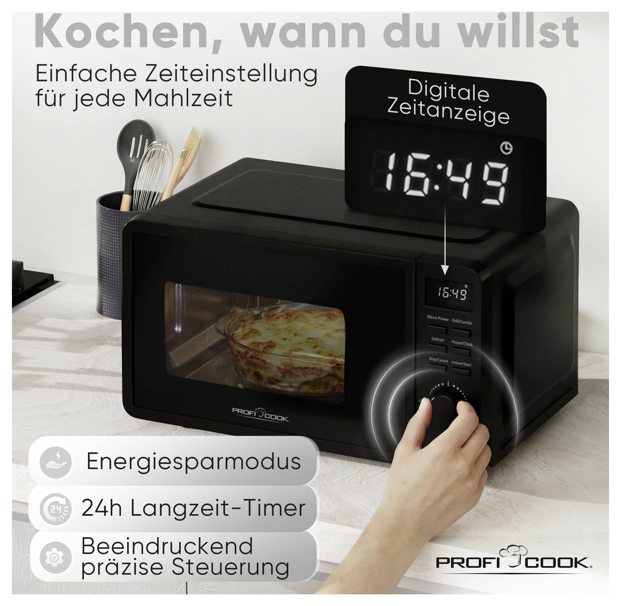 Advertisement for a black ProfiCook microwave with digital time display and rotary dial; text advertises 'Cook whenever you want', energy-saving mode and 24-hour timer.