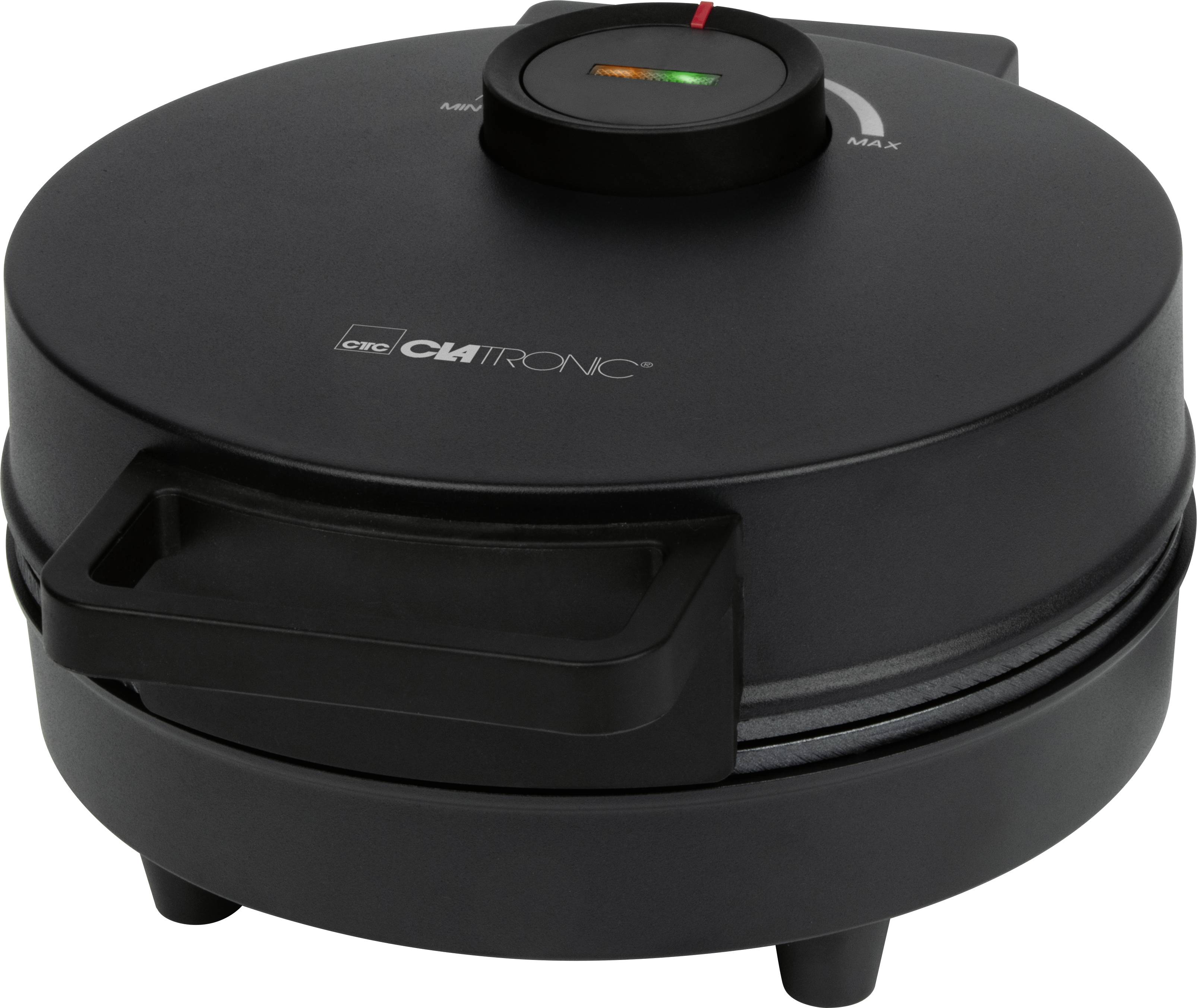 Black round electric pancake maker with a lid and indicator light, branded Clatronic.