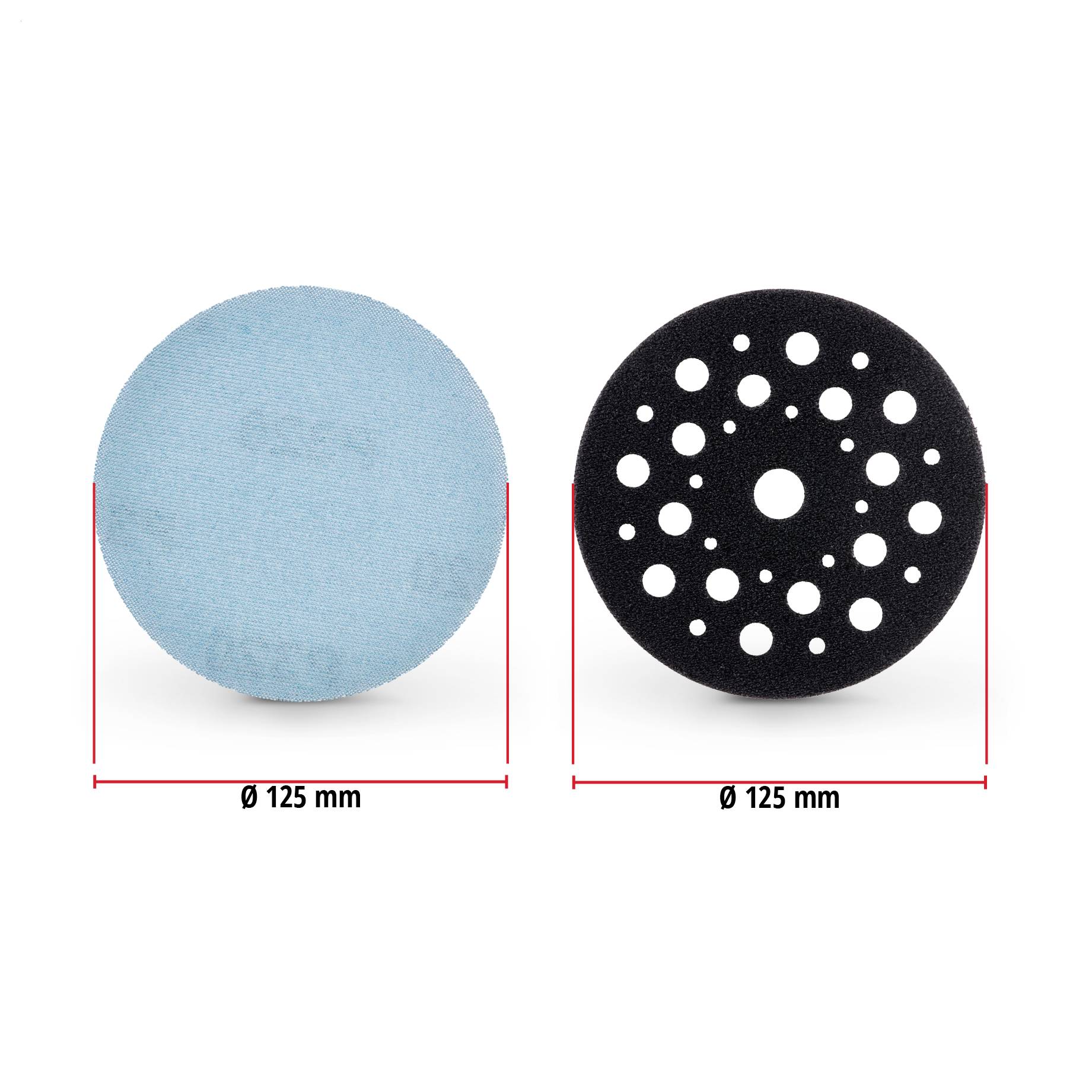Two 125 mm round sanding pads shown side by side: blue foam pad and black perforated pad with many dust holes.
