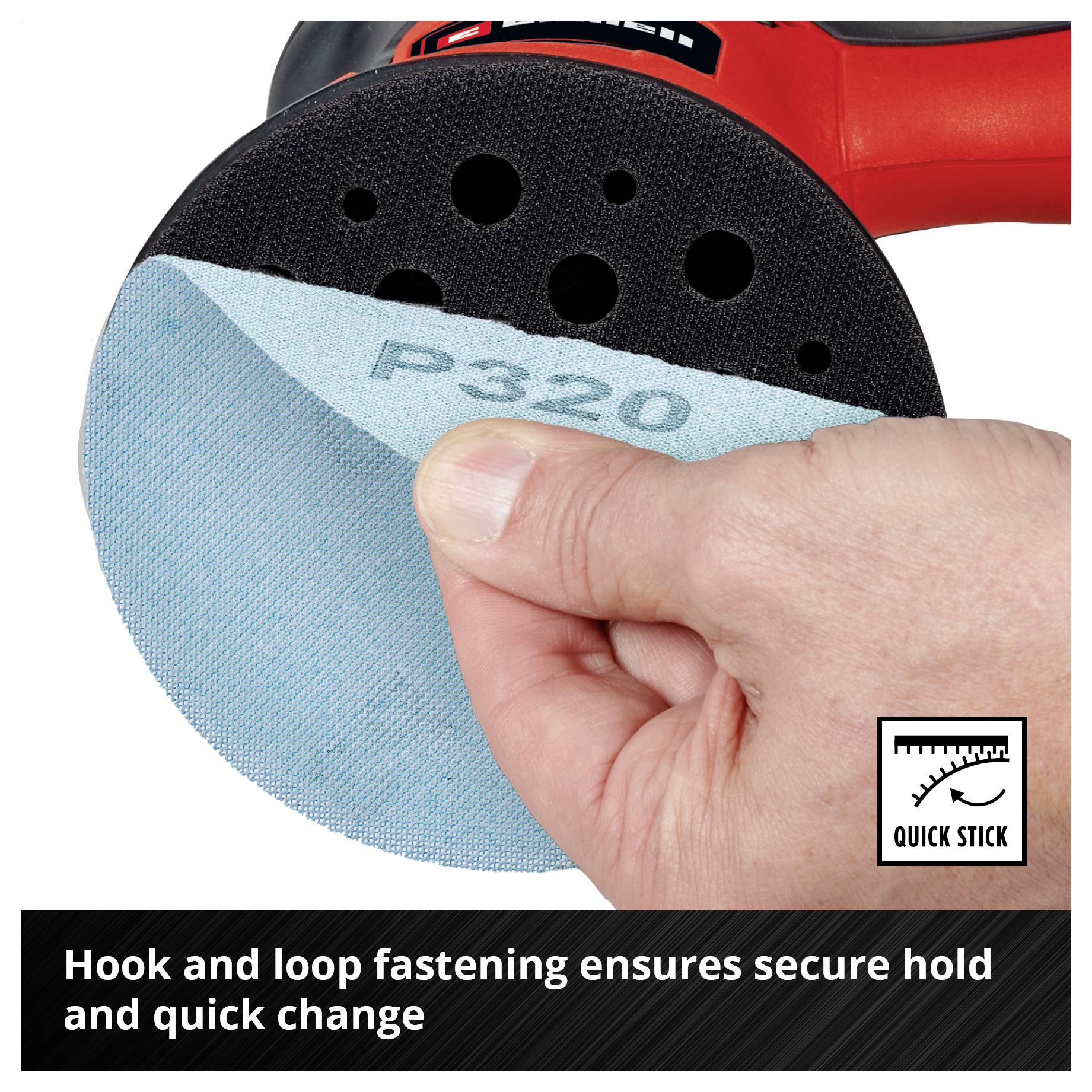 Hand holds sanding disc with hook-and-loop fastener and imprint 'P320'; note: secure grip and quick change.