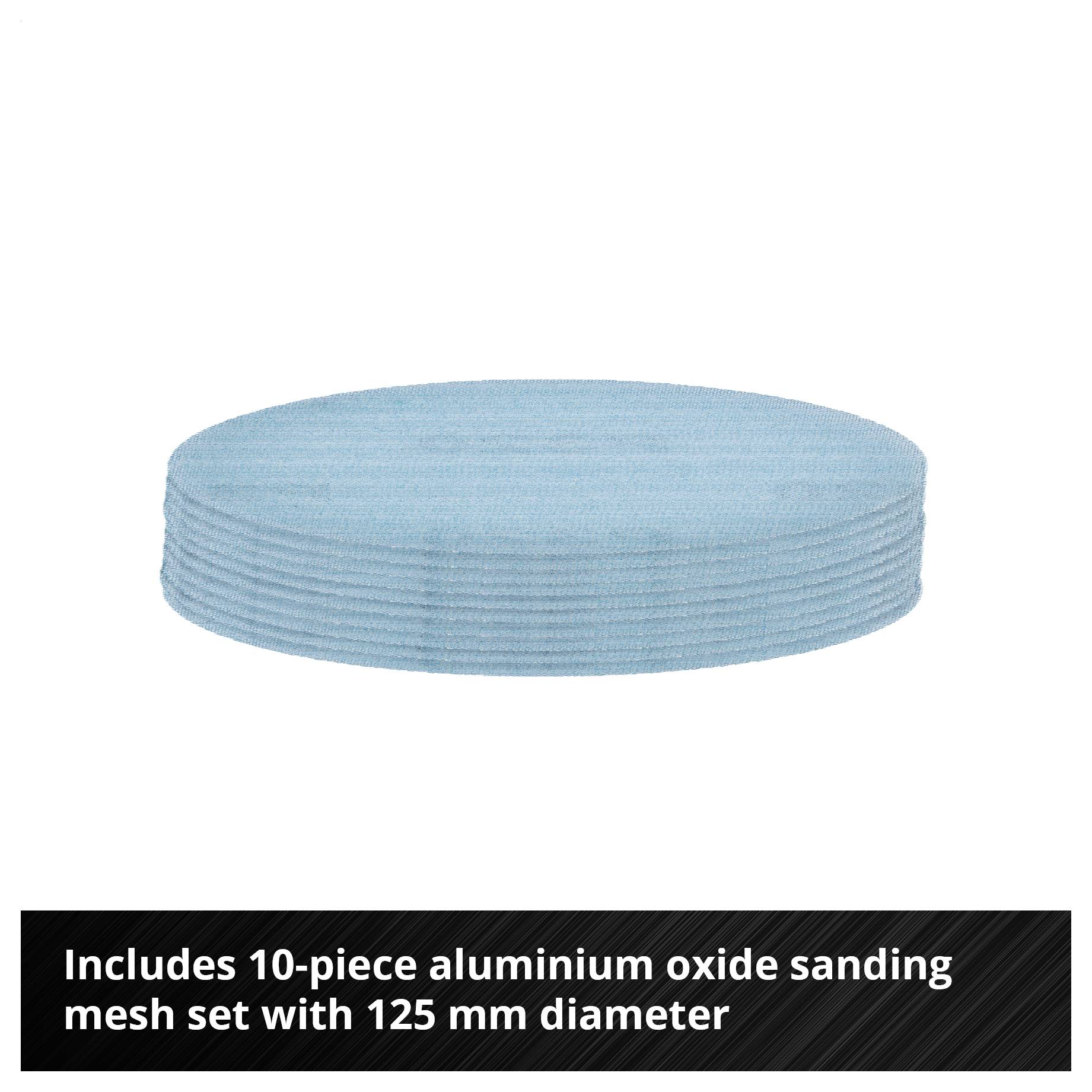 Hand sanding wood with a red random orbital sander; text below: 'Tear-resistant backing bond remains dimensionally stable even under high contact pressure'