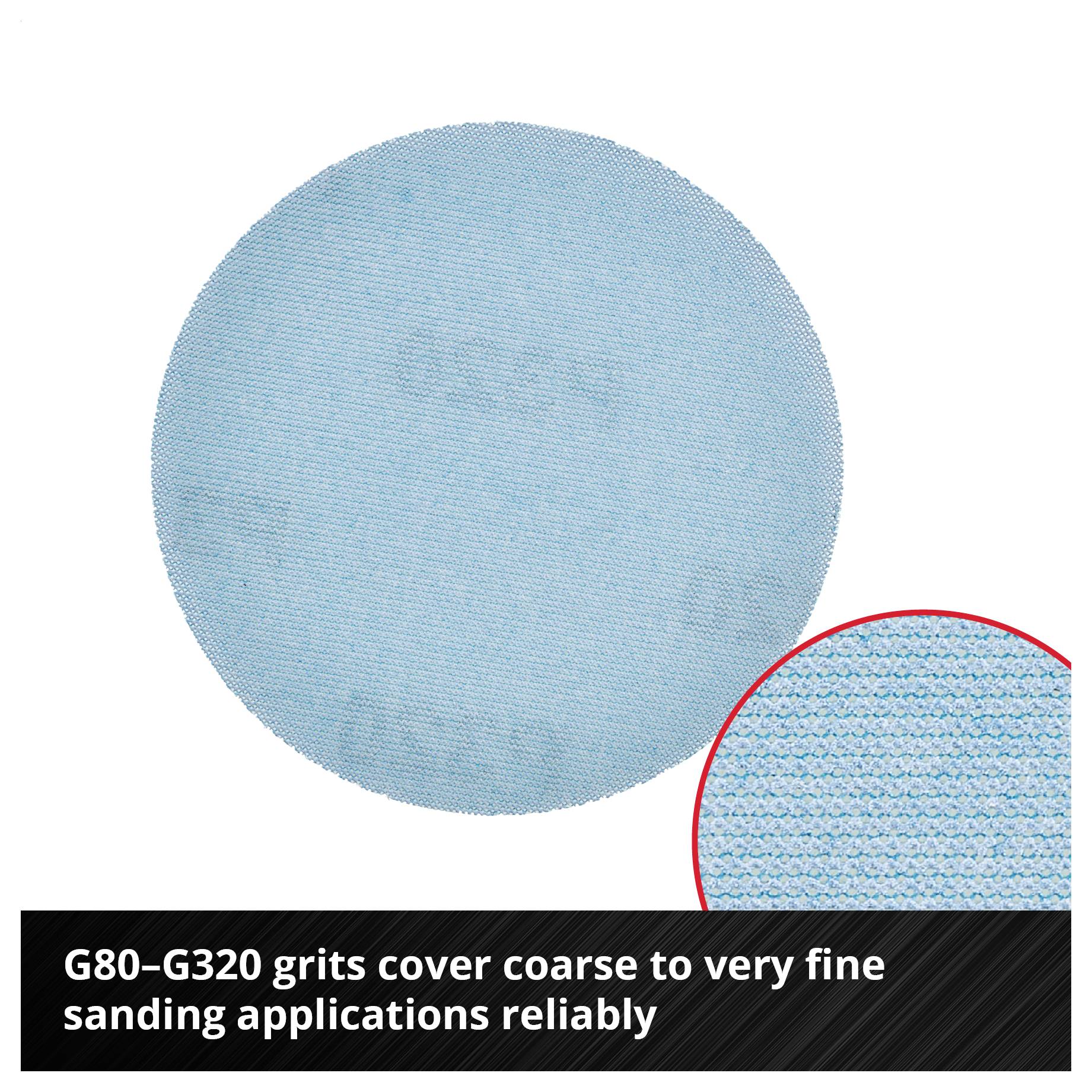 Two circular abrasive grain sizes in light blue, a detailed enlargement in the lower right; Text: 'Grain sizes G80–G320 reliably cover coarse to very fine grinding work'.