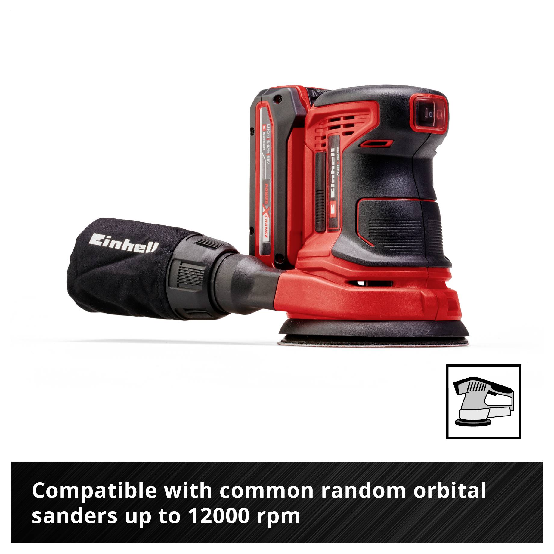 Einhell rechargeable orbital sander with dust bag; compatible with common orbital sanders up to 12,000 revolutions per minute.