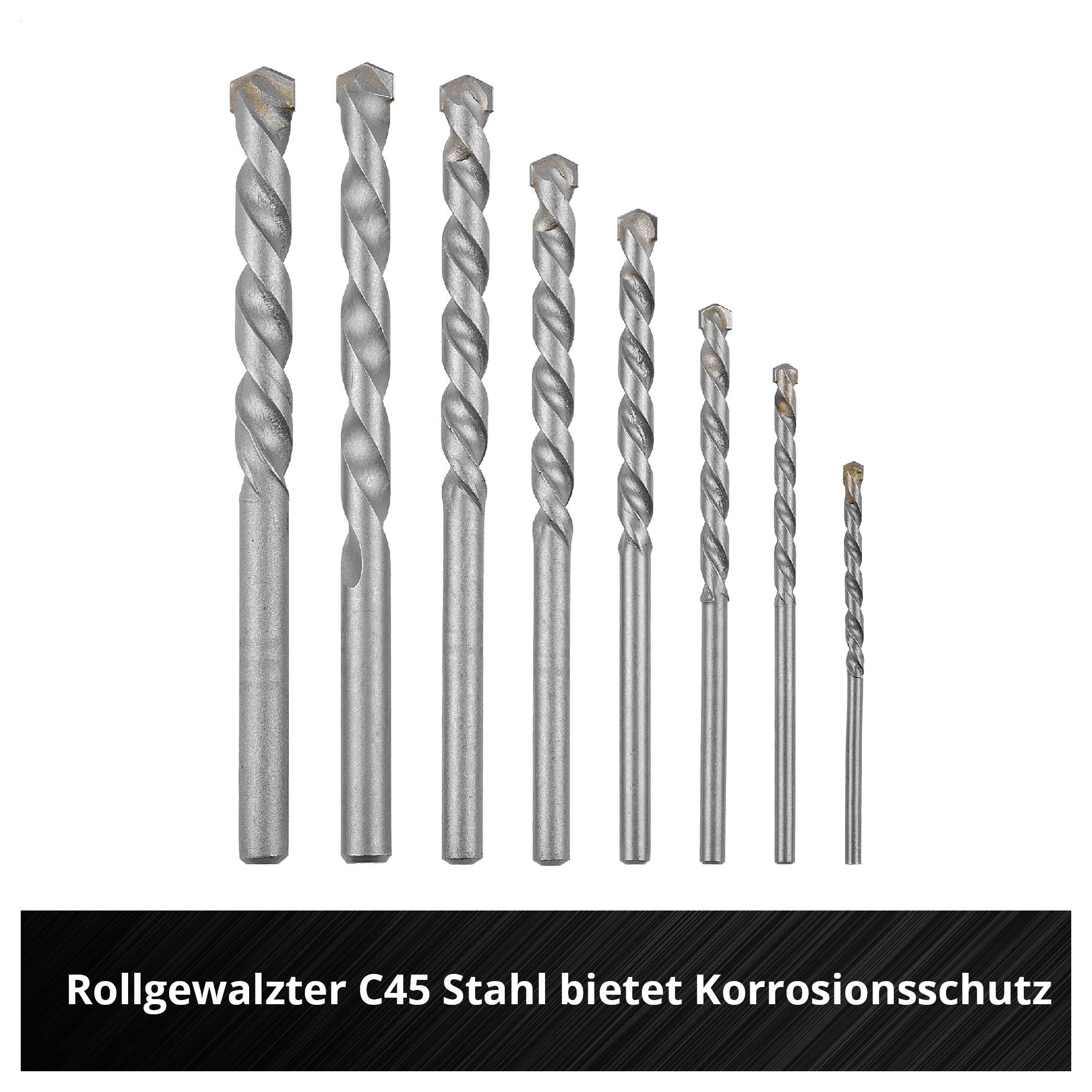 Eight spiral drill bits in graduated sizes; underneath text: 'Cold-rolled C45 steel provides corrosion protection'.
