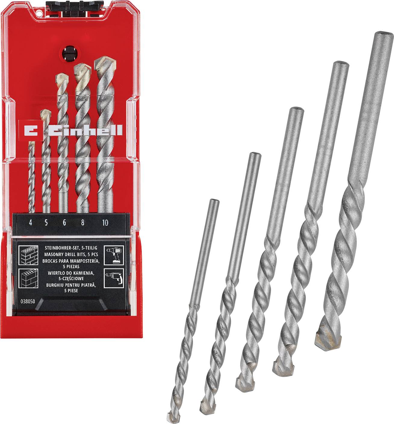 Set of five silver masonry drill bits in a red Einhell plastic case, sizes 4 to 10 mm, shown alongside the bits on a white background.
