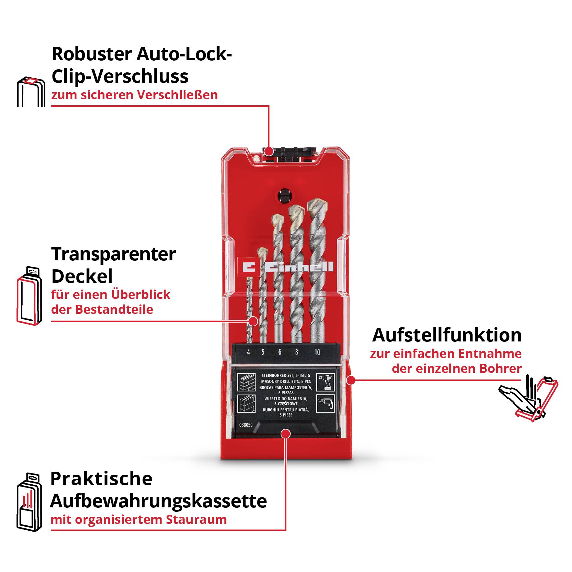 Einhell 38050 Carbon steel Masonry twist drill bit set 5-piece 4 mm, 5 mm, 6 mm, 8 mm, 10 mm 1 Set-2