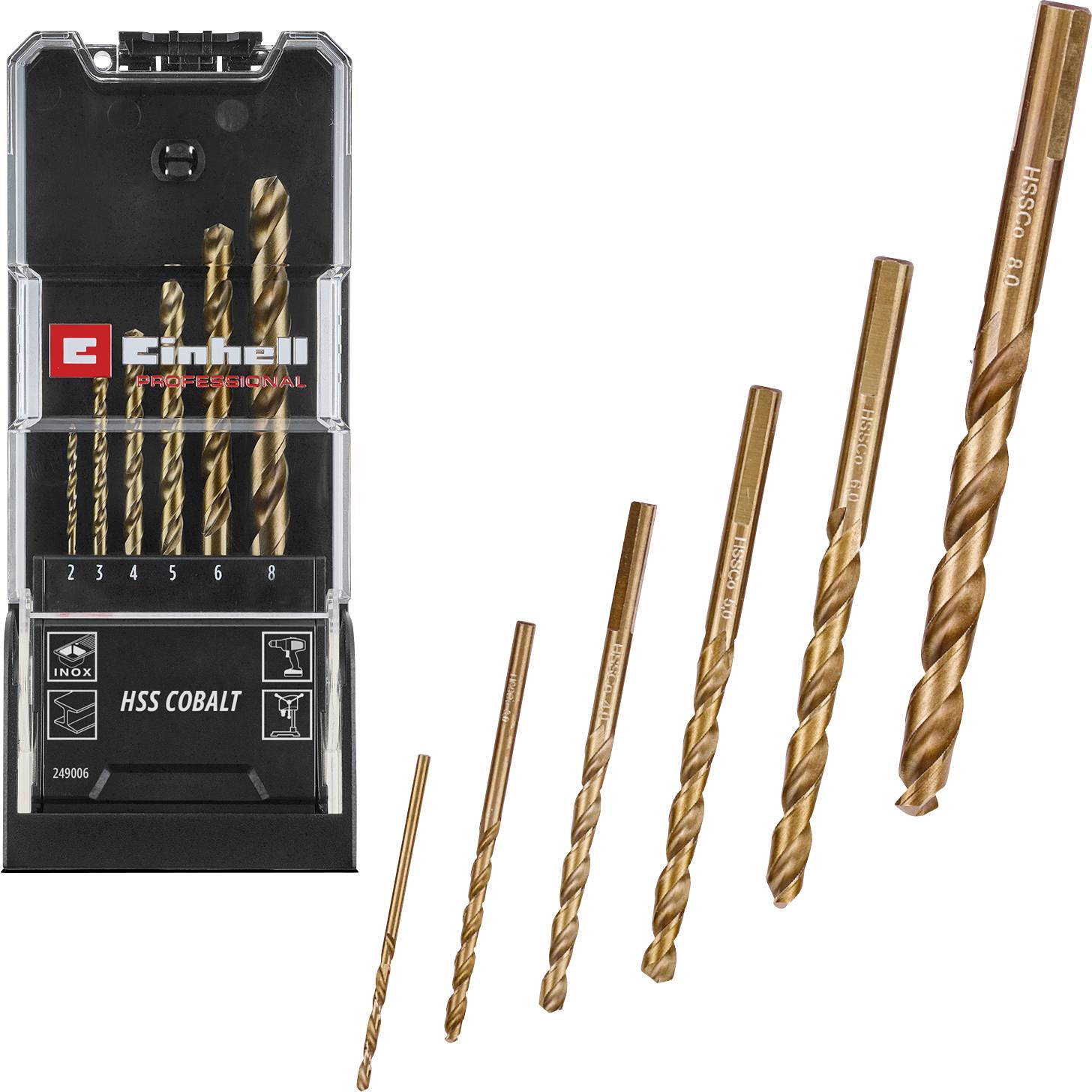 Set of six gold HSS cobalt drill bits in a labeled Einhell case, shown in graduated sizes on a white background.