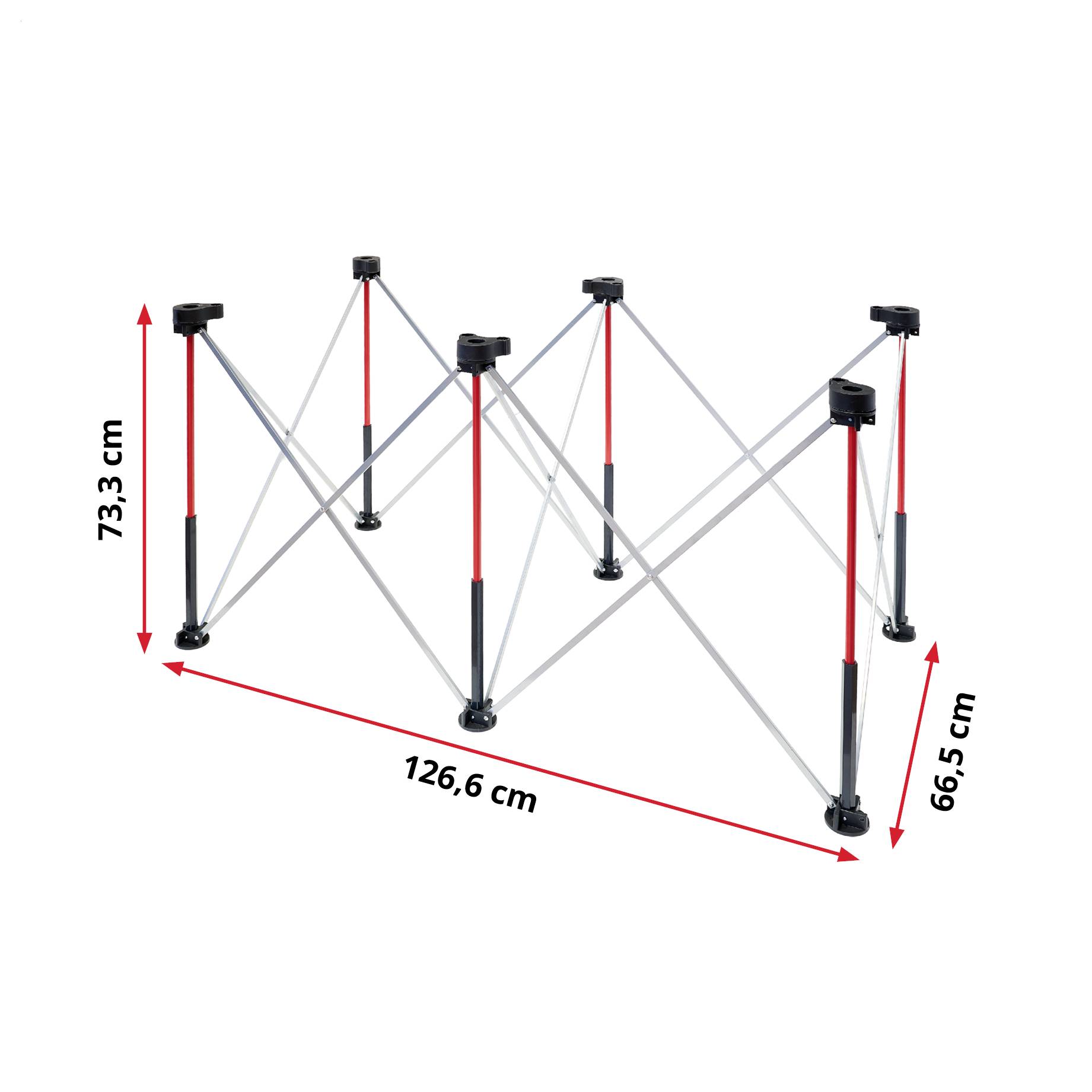 Foldable metal stand frame shown with dimensions: 126.6 cm long, 73.3 cm high, and 66.5 cm deep.
