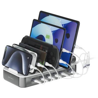 Multi-device charging dock with several smartphones and tablets connected by white charging cables<br>