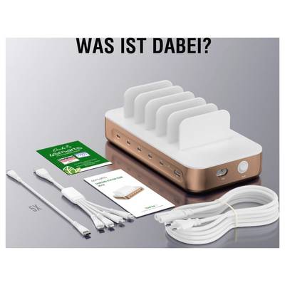 Promotional image of a compact white-and-copper multiport charging dock with five cable organizers, USB cables, and printed product cards under the German heading 'WAS IST DABEI?'