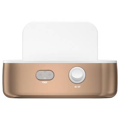Small countertop appliance with a frosted top chamber, copper base, a power switch, and an on/off dial.