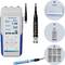 Senseca handheld pH meter with probe, shown with carrying case, calibration fluid, and buffer packets for measuring water quality.