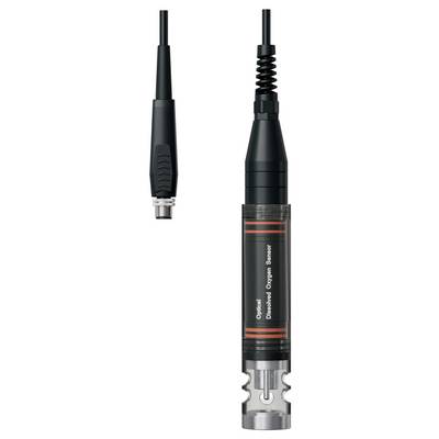 Two black cylindrical optical oxygen sensor probes shown side by side, one with a coiled cable and labeled body, for industrial measurement.