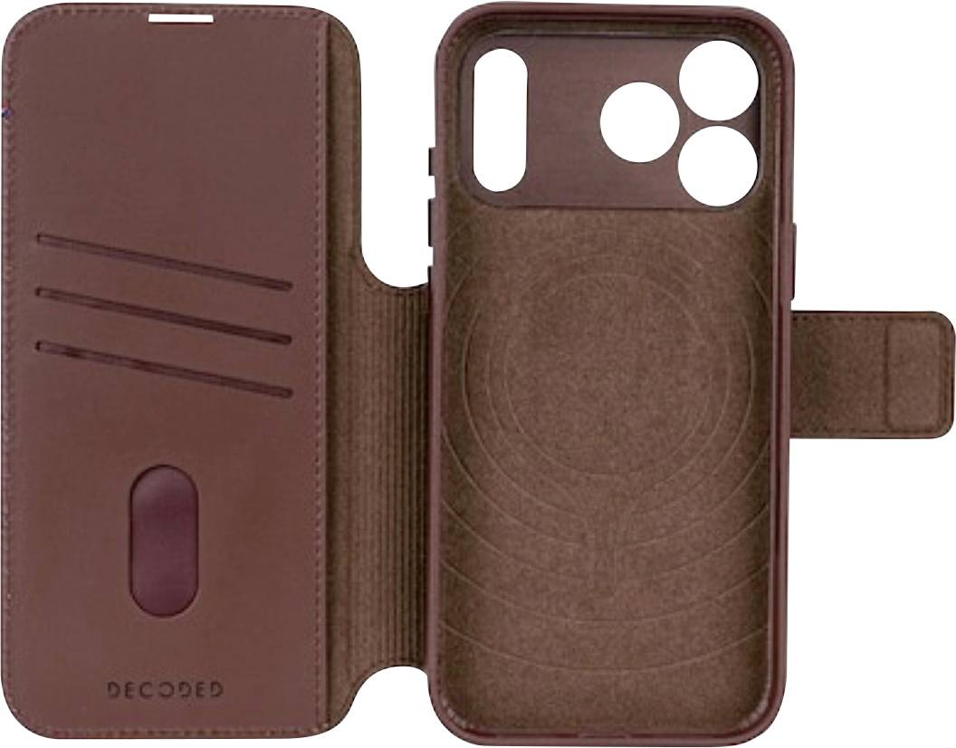 Brown leather wallet phone case shown open, with card slots and a magnetic strap on the front flap and camera cutouts on the back cover.<br>