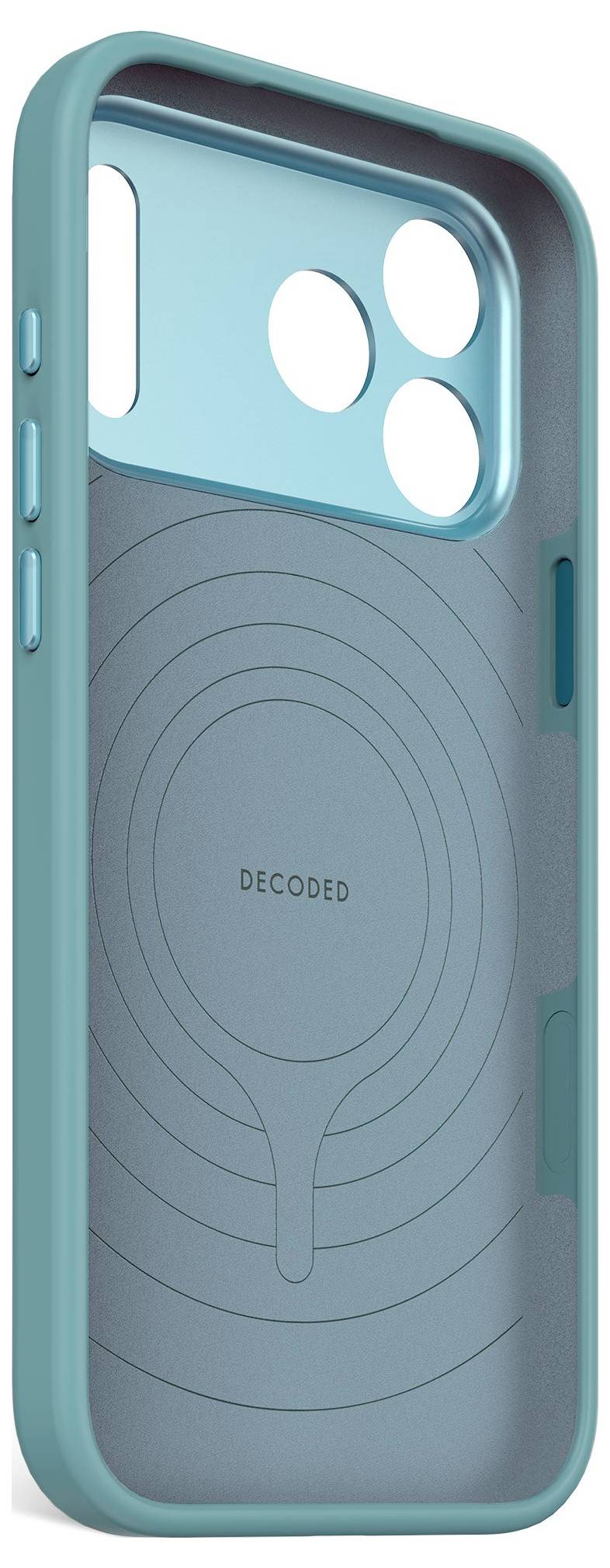 Teal phone case with raised edges and circular camera cutout, shown from the back on a white background.