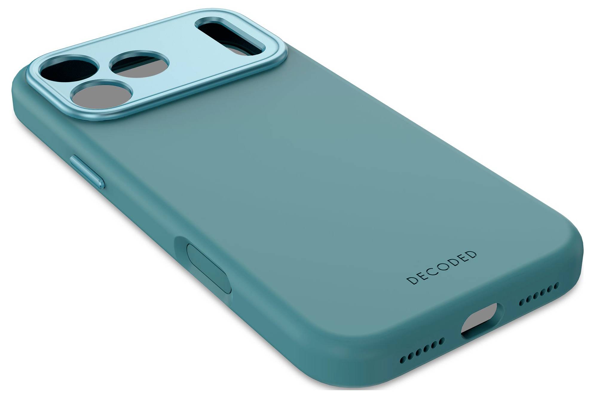 Teal smartphone protective case with raised camera cutout and bottom speaker openings, shown at an angle on a white background.