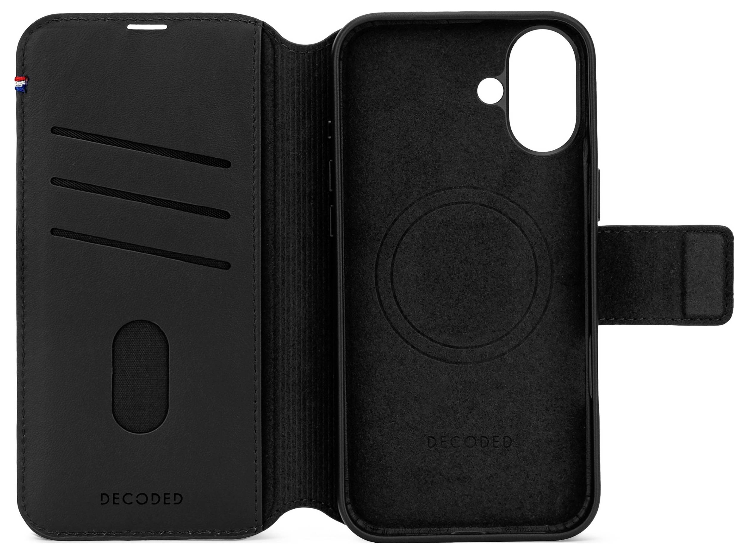 Black folio phone case open to show card slots inside the left cover and a molded iPhone case on the right, with a side magnetic tab closure.