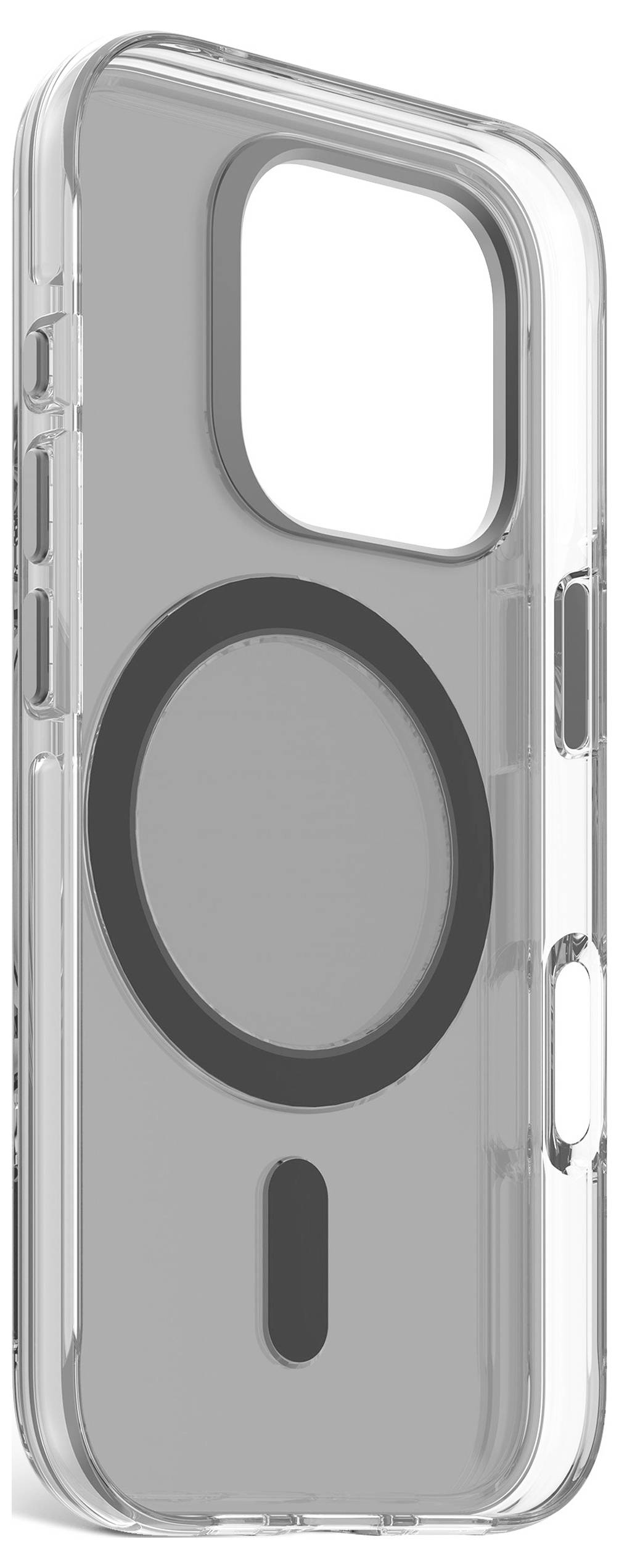 Clear protective phone case with a magnetic charging ring and camera cutout, shown in gray and transparent plastic.<br>