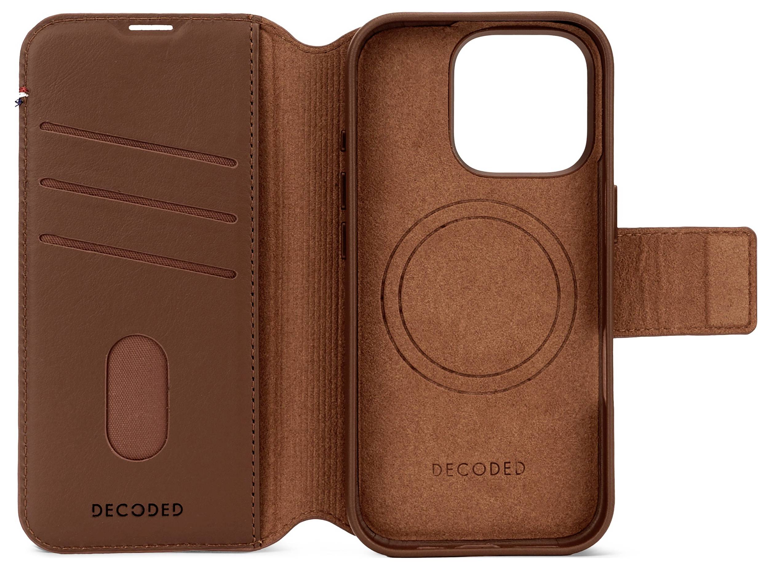 Brown leather phone wallet case with card slots, magnetic closure, and a MagSafe-style phone holder on the inside<br>