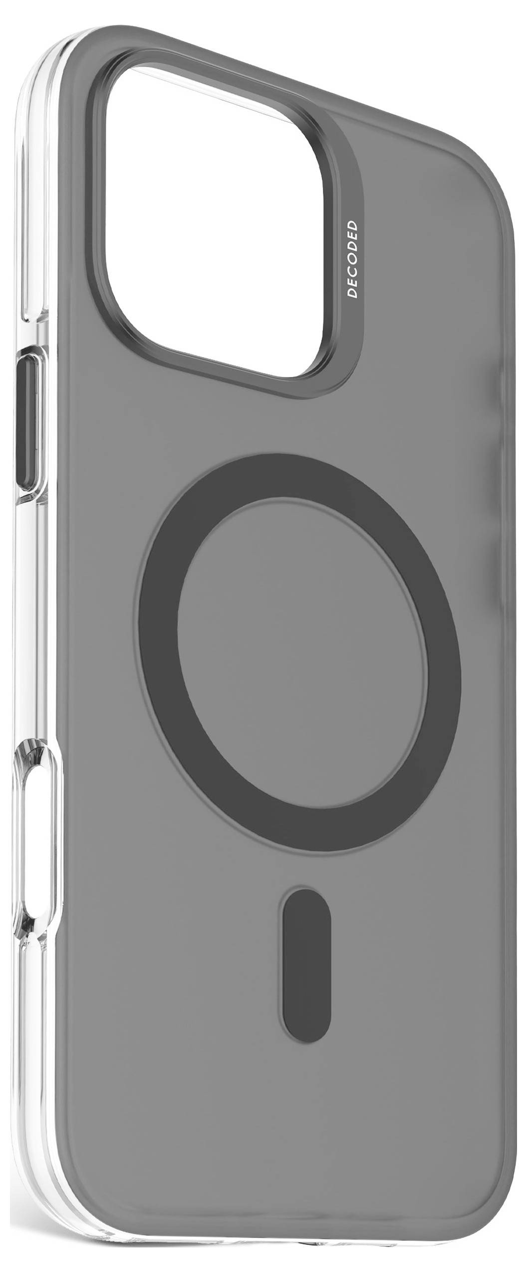 Gray phone case with a large circular MagSafe-style ring and vertical slot, shown from the back and side.<br>