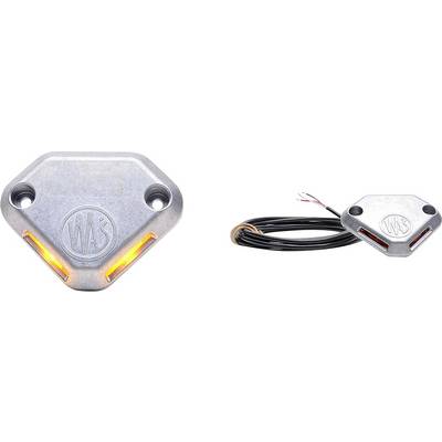 Metallic triangular warning light with two orange illuminated strips, shown front and side with attached black cable.