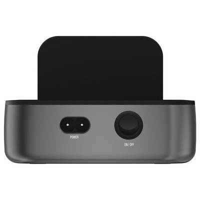 Front view of a black dock or base with a power port labeled 'POWER' and a round on/off button labeled 'ON/OFF'.