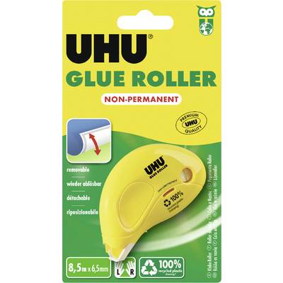UHU non-permanent glue roller package showing a yellow reusable adhesive roller, 8.5 m x 6.5 mm, for removable repositionable application.