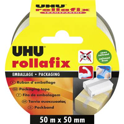 Package of UHU Rollafix transparent packaging tape, 50 m x 50 mm, with solvent-free label and box-sealing icons.