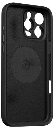 Black phone case with a large circular MagSafe-style ring and oversized camera cutout on the back, shown on a white background.